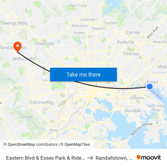Eastern Blvd & Essex Park & Ride Wb to Randallstown, MD map
