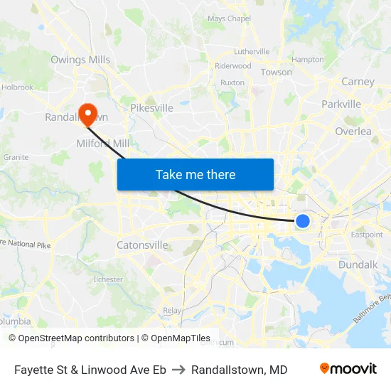 Fayette St & Linwood Ave Eb to Randallstown, MD map
