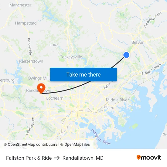 Fallston Park & Ride to Randallstown, MD map