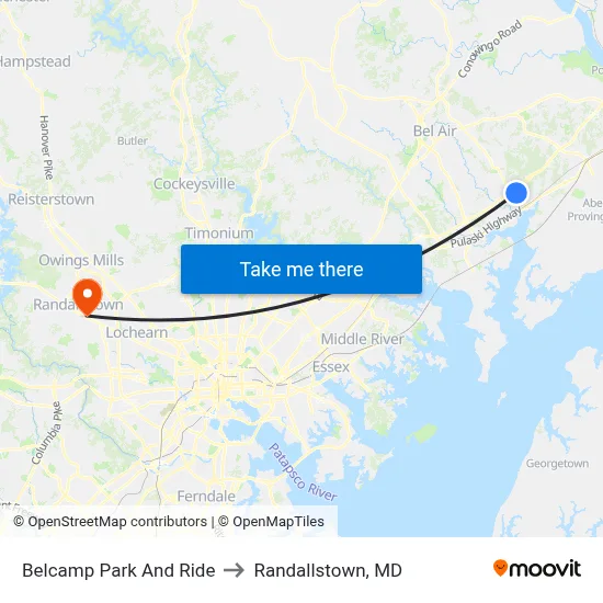 Belcamp Park And Ride to Randallstown, MD map
