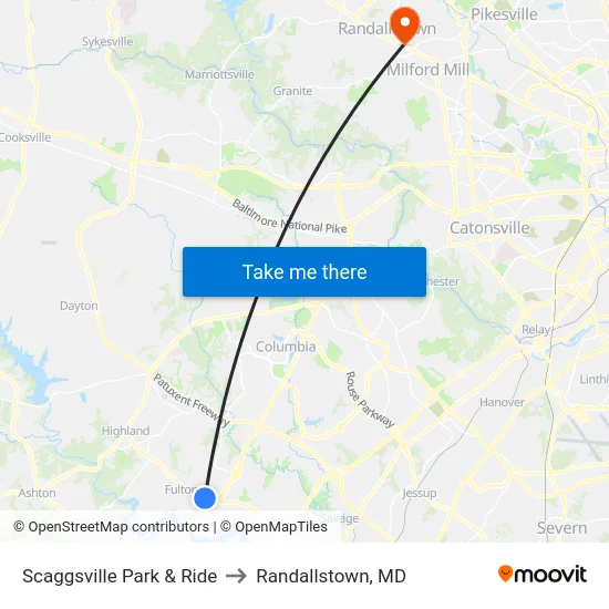 Scaggsville Park & Ride to Randallstown, MD map