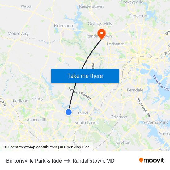 Burtonsville Park & Ride to Randallstown, MD map