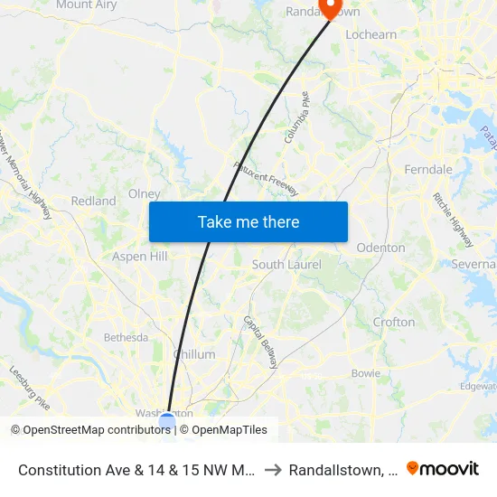 Constitution Ave & 14 & 15 NW Mid Wb to Randallstown, MD map