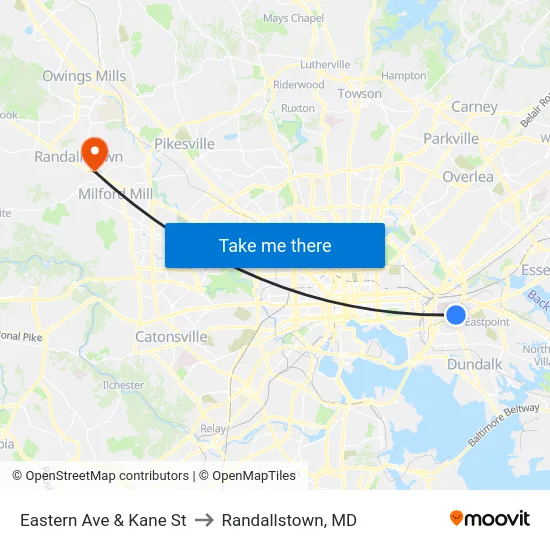 Eastern Ave & Kane St to Randallstown, MD map