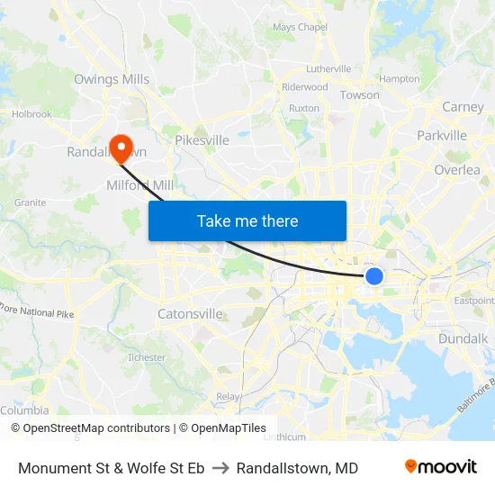 Monument St & Wolfe St Eb to Randallstown, MD map