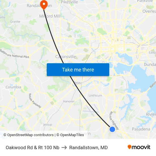 Oakwood Rd & Rt 100 Nb to Randallstown, MD map