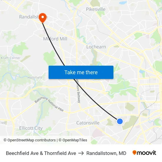 Beechfield Ave & Thornfield Ave to Randallstown, MD map