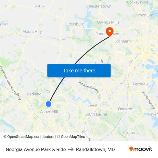Georgia Avenue Park & Ride to Randallstown, MD map