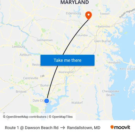 Route 1 @ Dawson Beach Rd to Randallstown, MD map