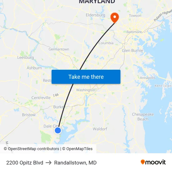 2200 Opitz Blvd to Randallstown, MD map