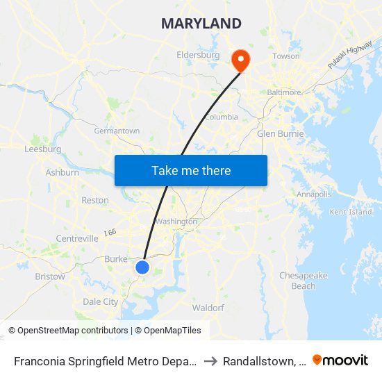 Franconia Springfield Metro Departures to Randallstown, MD map