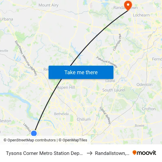 Tysons Corner Metro Station Departures to Randallstown, MD map