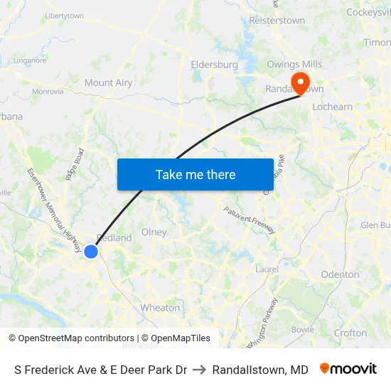 S Frederick Ave & E Deer Park Dr to Randallstown, MD map