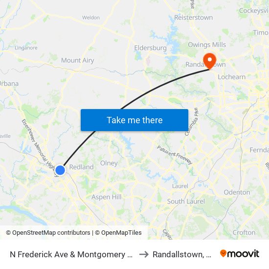 N Frederick Ave & Montgomery Ave to Randallstown, MD map