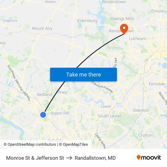 Monroe St & Jefferson St to Randallstown, MD map