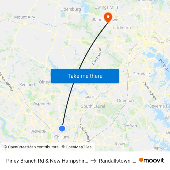 Piney Branch Rd & New Hampshire Ave to Randallstown, MD map