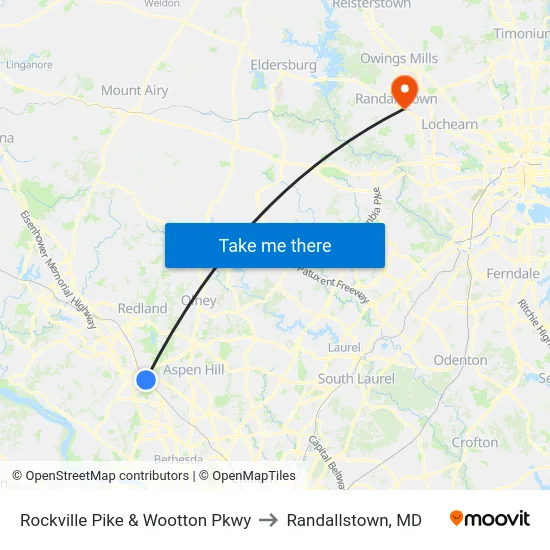 Rockville Pike & Wootton Pkwy to Randallstown, MD map