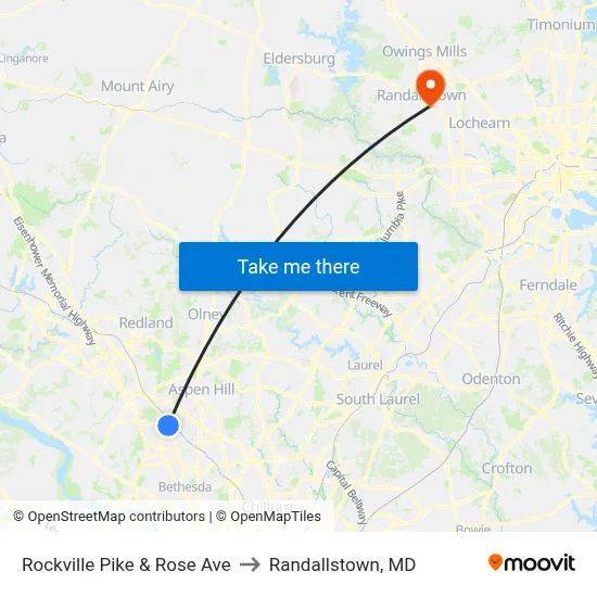 Rockville Pike & Rose Ave to Randallstown, MD map