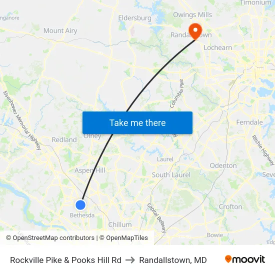 Rockville Pike & Pooks Hill Rd to Randallstown, MD map