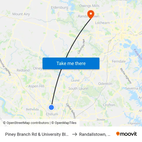 Piney Branch Rd & University Blvd to Randallstown, MD map