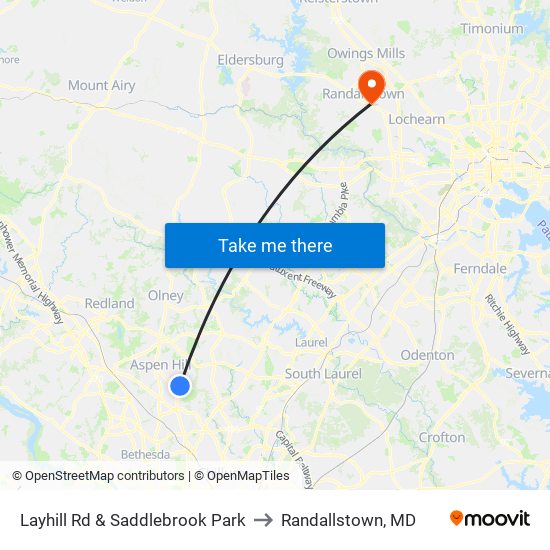 Layhill Rd & Saddlebrook Park to Randallstown, MD map