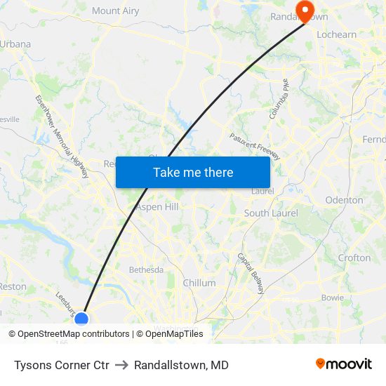 Tysons Corner Ctr to Randallstown, MD map