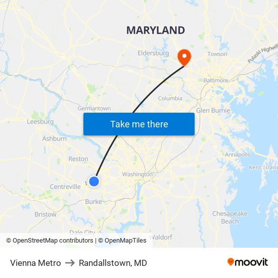 Vienna Metro to Randallstown, MD map