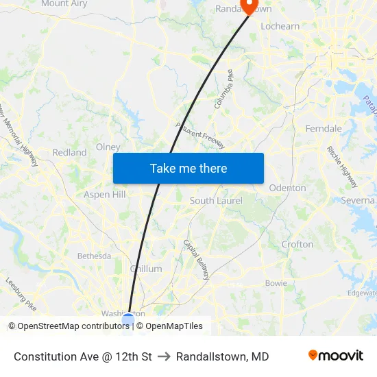Constitution Ave @ 12th St to Randallstown, MD map