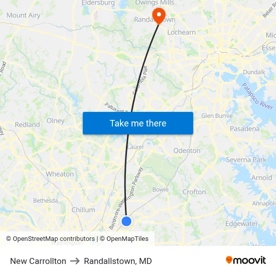 New Carrollton to Randallstown, MD map