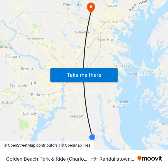 Golden Beach Park & Ride (Charlotte Hall) to Randallstown, MD map