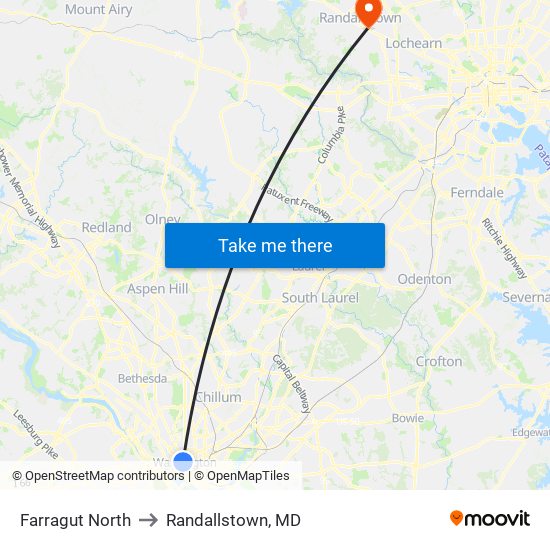 Farragut North to Randallstown, MD map