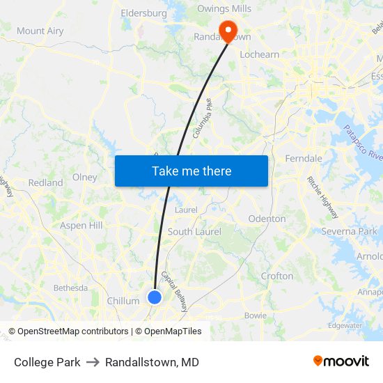 College Park to Randallstown, MD map