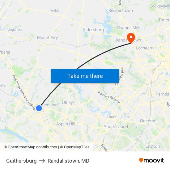 Gaithersburg to Randallstown, MD map