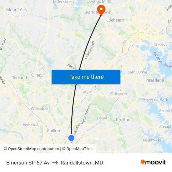 Emerson St+57 Av to Randallstown, MD map
