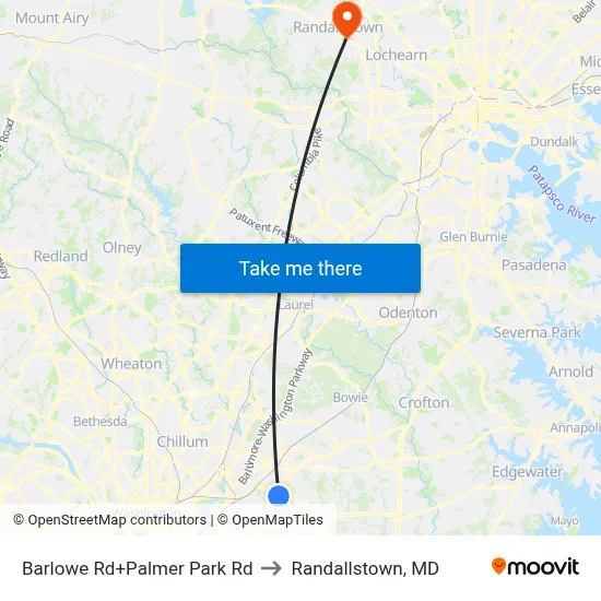 Barlowe Rd+Palmer Park Rd to Randallstown, MD map