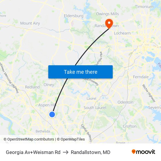 Georgia Av+Weisman Rd to Randallstown, MD map