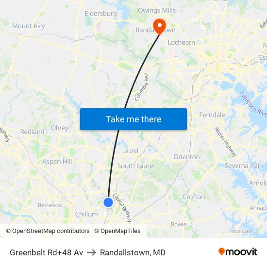 Greenbelt Rd+48 Av to Randallstown, MD map