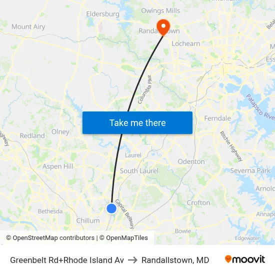 Greenbelt Rd+Rhode Island Av to Randallstown, MD map