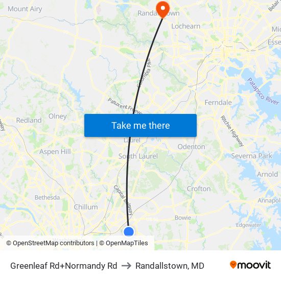 Greenleaf Rd+Normandy Rd to Randallstown, MD map