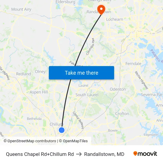 Queens Chapel Rd+Chillum Rd to Randallstown, MD map
