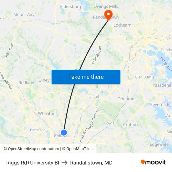 Riggs Rd+University Bl to Randallstown, MD map