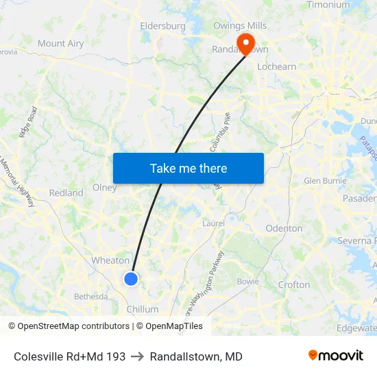 Colesville Rd+Md 193 to Randallstown, MD map