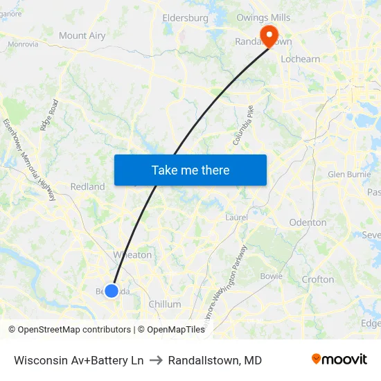 Wisconsin Av+Battery Ln to Randallstown, MD map