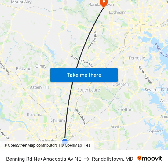 Benning Rd Ne+Anacostia Av NE to Randallstown, MD map