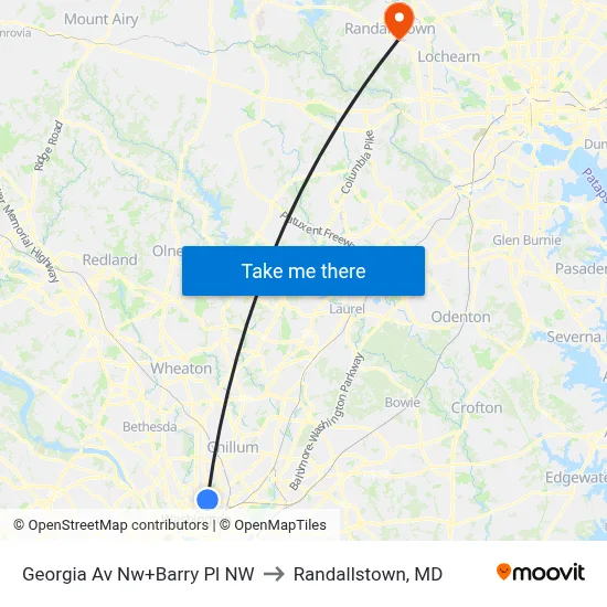 Georgia Av Nw+Barry Pl NW to Randallstown, MD map