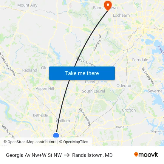 Georgia Av Nw+W St NW to Randallstown, MD map