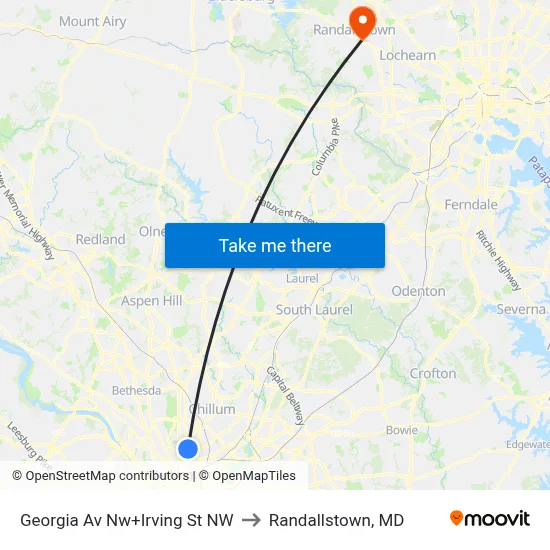 Georgia Av Nw+Irving St NW to Randallstown, MD map