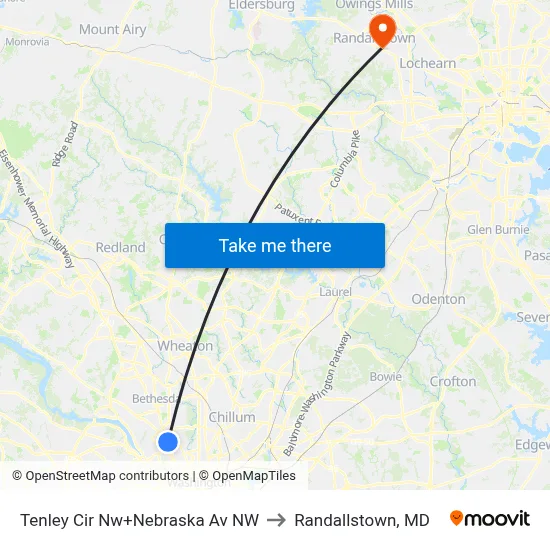 Tenley Cir Nw+Nebraska Av NW to Randallstown, MD map