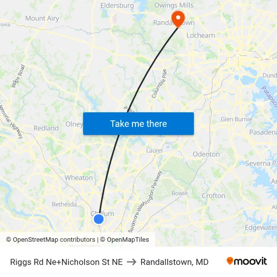 Riggs Rd Ne+Nicholson St NE to Randallstown, MD map