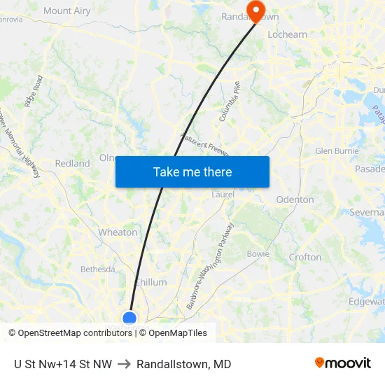 U St Nw+14 St NW to Randallstown, MD map